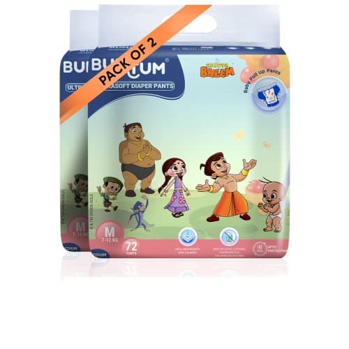 Bumtum Chota Bheem Baby Diapers | Pant Style Baby Diapers Medium Size, 144 Count | Double Layer Leakage Protection Infused With Aloe Vera, Cottony Soft High Absorb Technology (72 Count, Pack of 2)