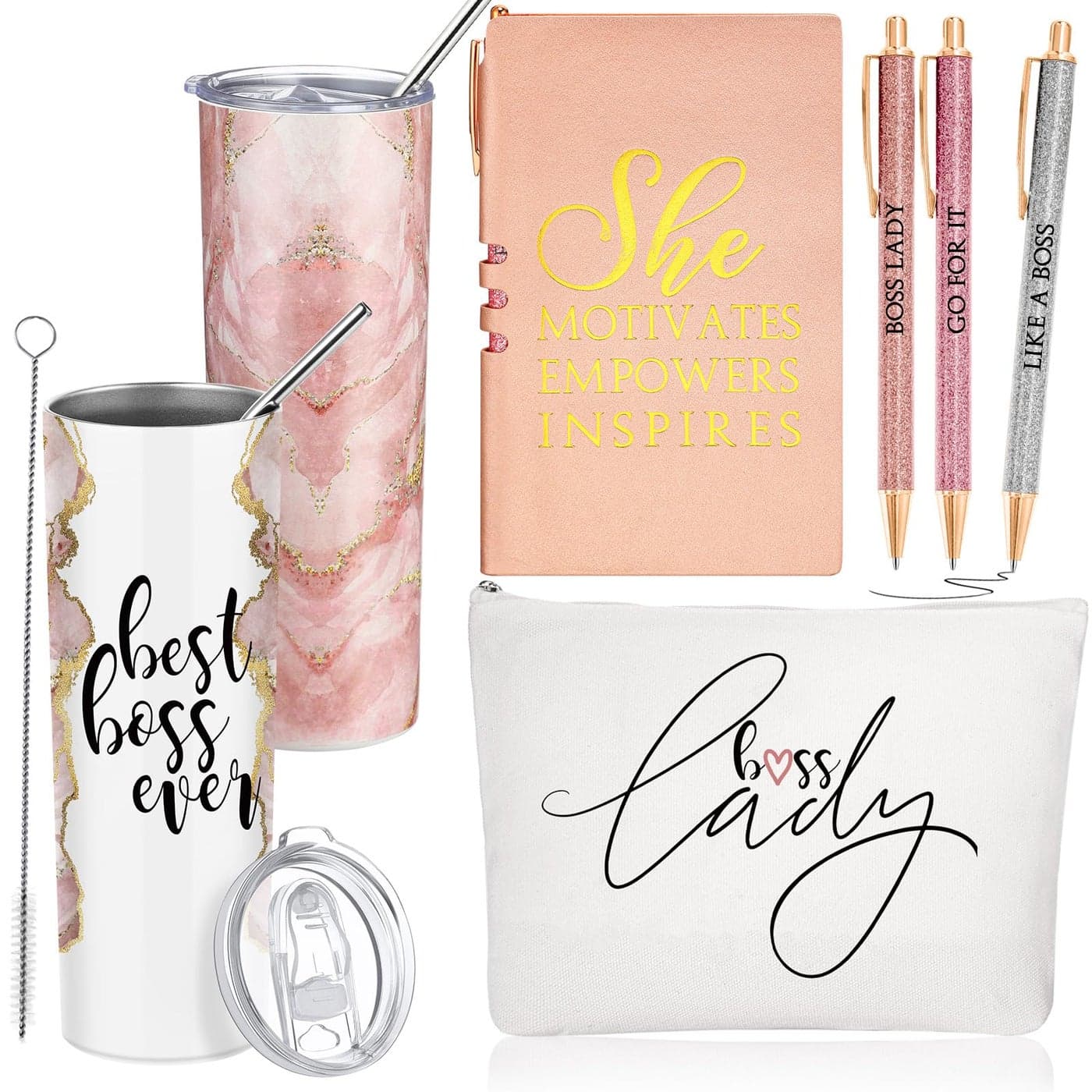 Domensi 6 Pcs Best Boss Gift Set Thank You for Women Boss Day Appreciation Day Gift 20oz Rustic Marble Sign Tumbler Makeup Bag A6 Notepad with Ballpoints Office Leader Manager ChaosPink