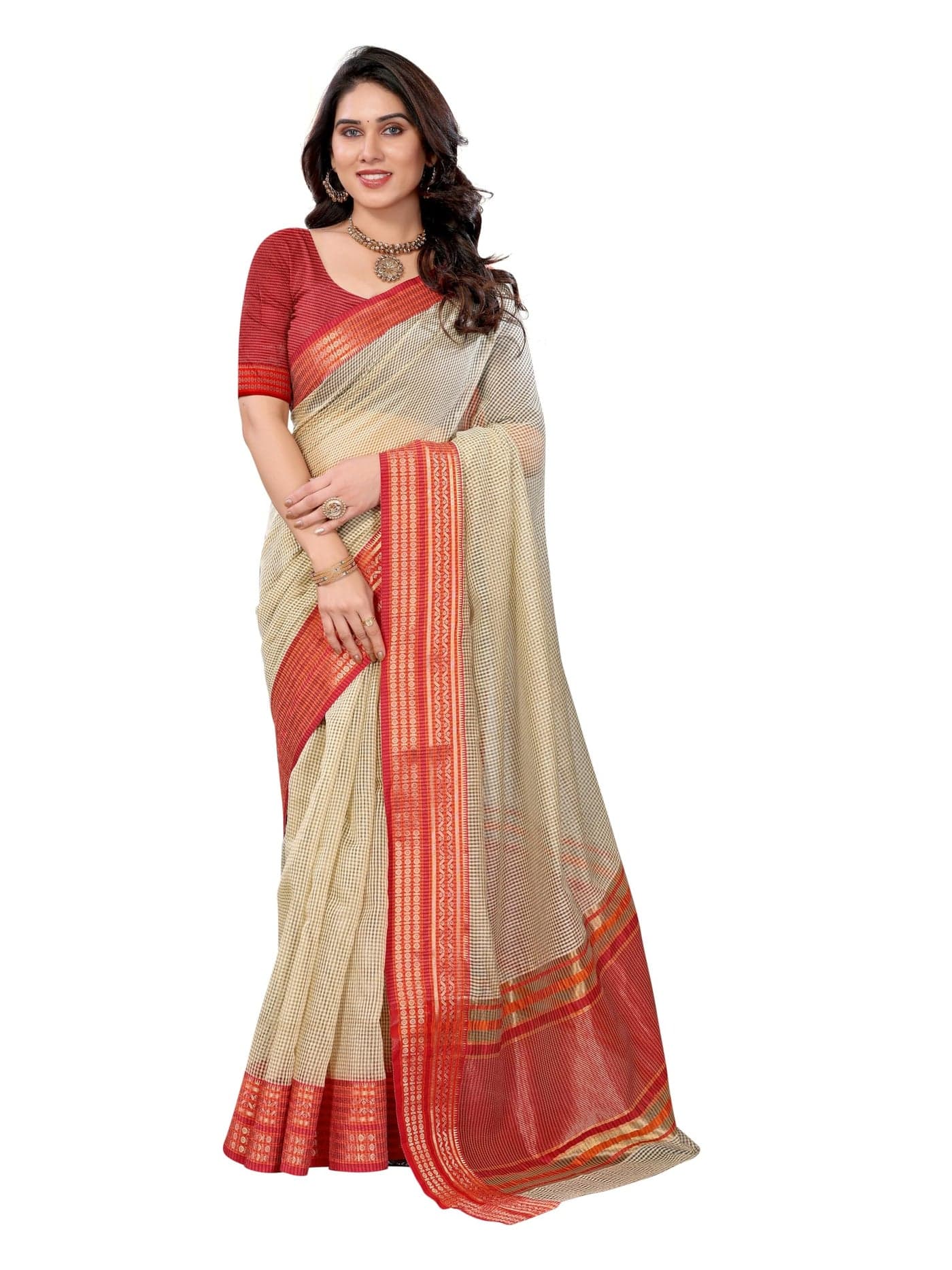 Sidhidata Women's Kota Doria Cotton Manipuri Checks Saree With Unstitched Blouse Piece (Lungi Cream_Cream_Free Size)