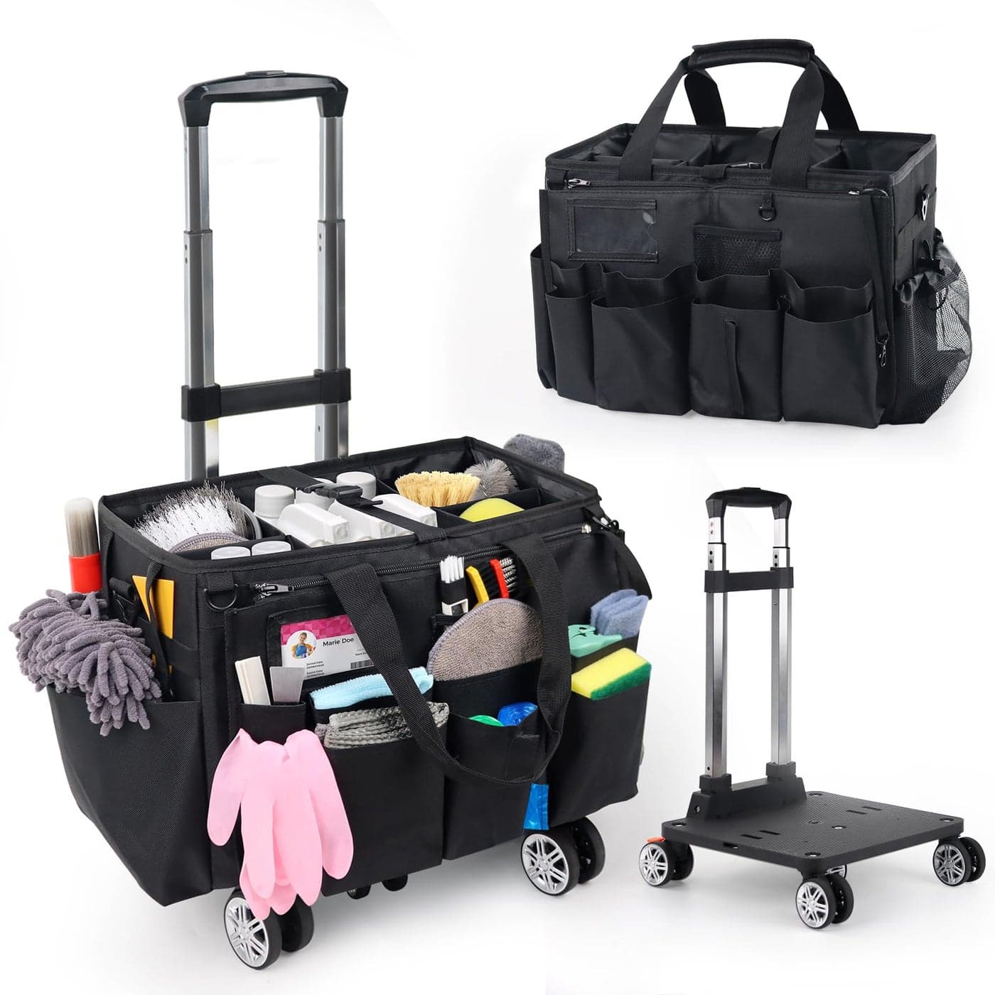 Rolling Cleaning Caddy Bag with Detachable Trolley MultiFunctional Portable Cleaning Cart Supplies Organizer for Housekeeping and Domestic Cleaning Cleaning Caddy with Wheels Black
