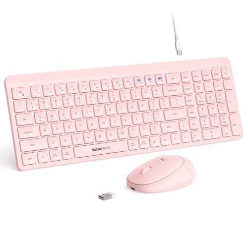 Pink Wireless Keyboard and Mouse Combo for Desktop Mac iPad Bluetooth 2.4 Ghz Rechargeable Slim Silent Click with Number Pad Compatible with Pc, Laptop, Tablet (Pink)