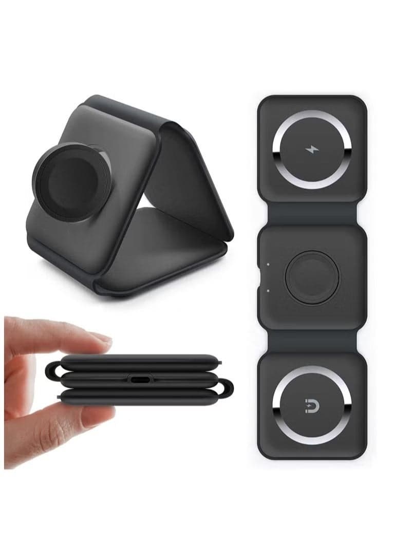 Magnetic Foldable 3 in 1 Wireless Charging Station Fast Charging Pad Black