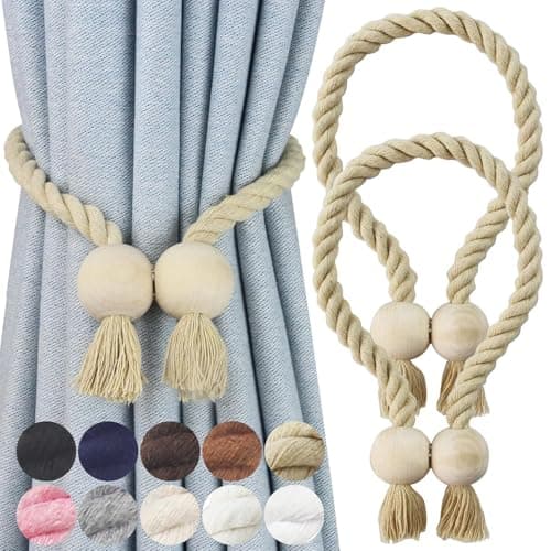 STORE 2508 2 Pack Magnetic Curtain Tiebacks Cotton Hand Woven Tie Back Decorative Rope Holdbacks for Curtains Draperies No Tools Required (Beige)