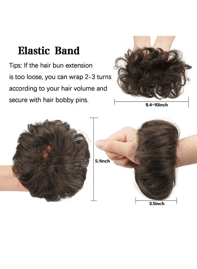 Human Hair Messy Buns, 100% Human Hair Bun Hair Piece Real Hair Extension Wavy Curly Hair Scrunchies Tousled Updo Chignon Hairpieces for Women Girls, Dark Brown