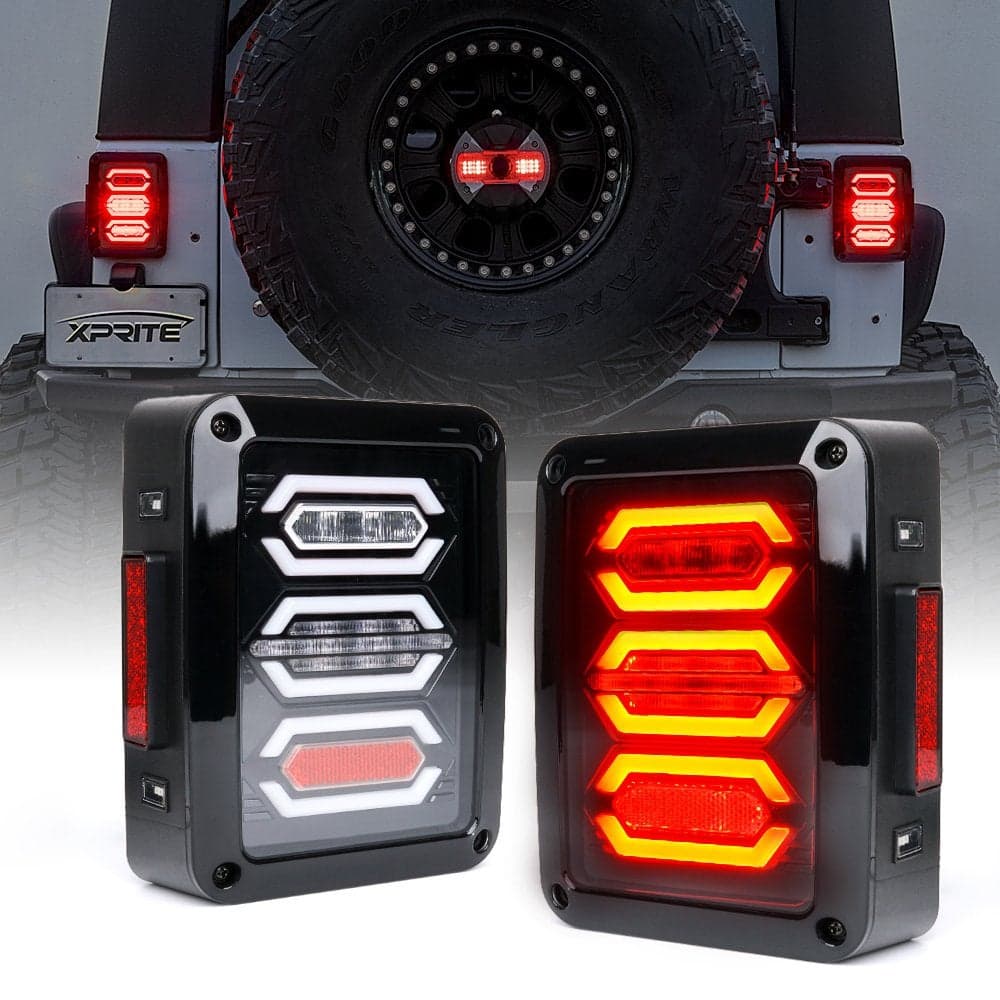Xprite Clear Lens Red LED Tail Lights Assembly wTurn Signal Back Up Brake Light Plug Play Compatible with 20072018 Jeep Wrangler JK JKU G3 Diamond Series