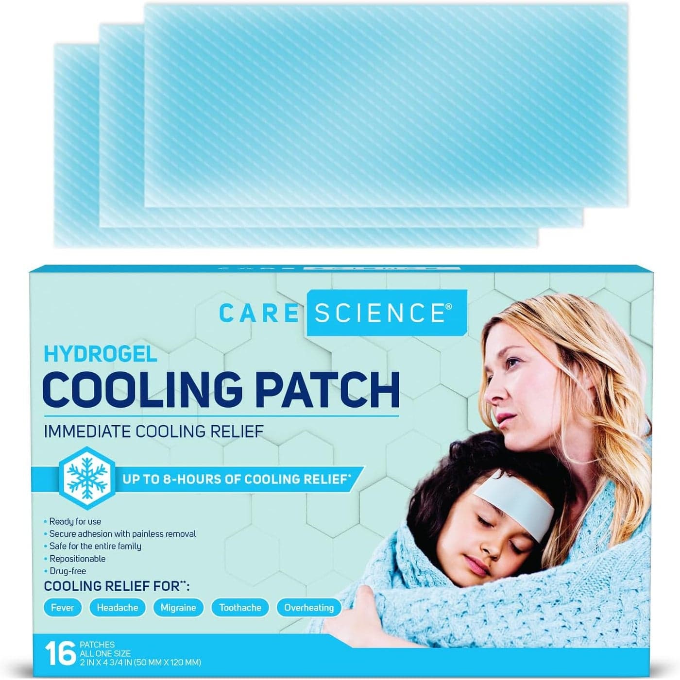 Care Science Hydrogel Cooling Patch 16ct Cooling Patches for Headache and Fever Relief Readytouse Drug Free