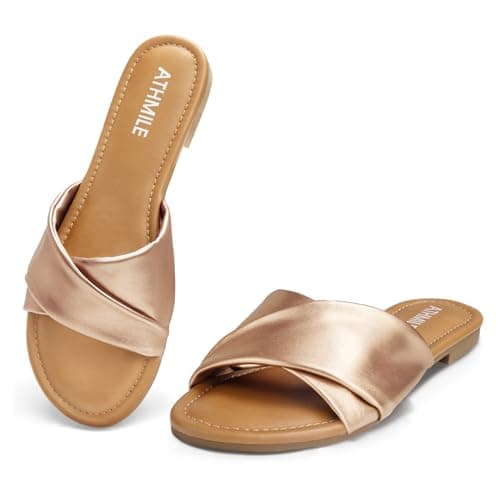 ATHMILE Sandals Women Dressy Summer Flat Comfortable Fashion Beach Cute Ladies Slides Leather Casual Dress Women's Sandals 2024 Gold Size 8