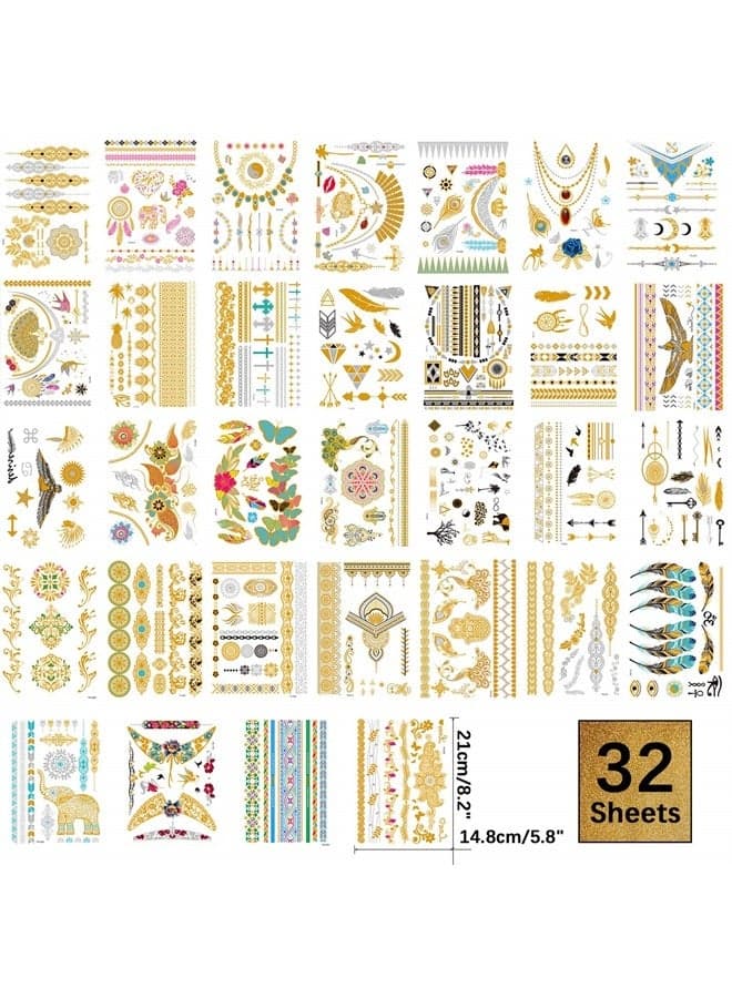 Gold tattoo metallic 32 Sheets,Over 340+ Flash temporary tattoos for women teens girls kids,Waterproof flash henna tattoos,Glitter jewelry tattoos Christmas Gift
