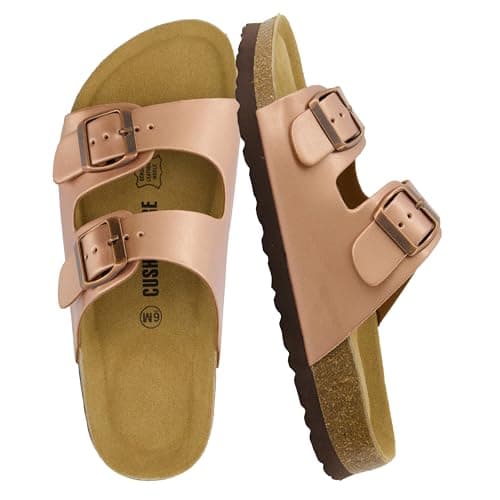 CUSHIONAIRE Lane Cork Footbed Sandals for Women – Comfortable Double Buckle Slip-On with Genuine Suede Footbed & Arch Support Slides for Women Footwear, GOLD 9