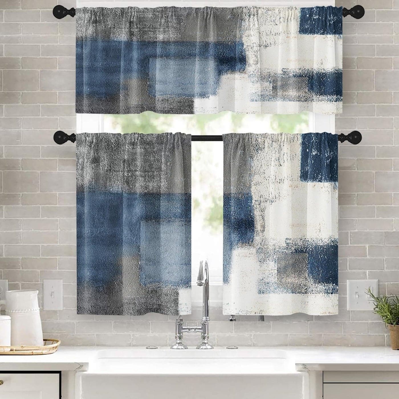 Tayney Blue Kitchen Window Curtains Valance and Tier Set 36 Inch Grey White Contemporary Rod Pocket Short Tier Curtain Abstract Art Small Cafe Drapes for Kitchen Decor