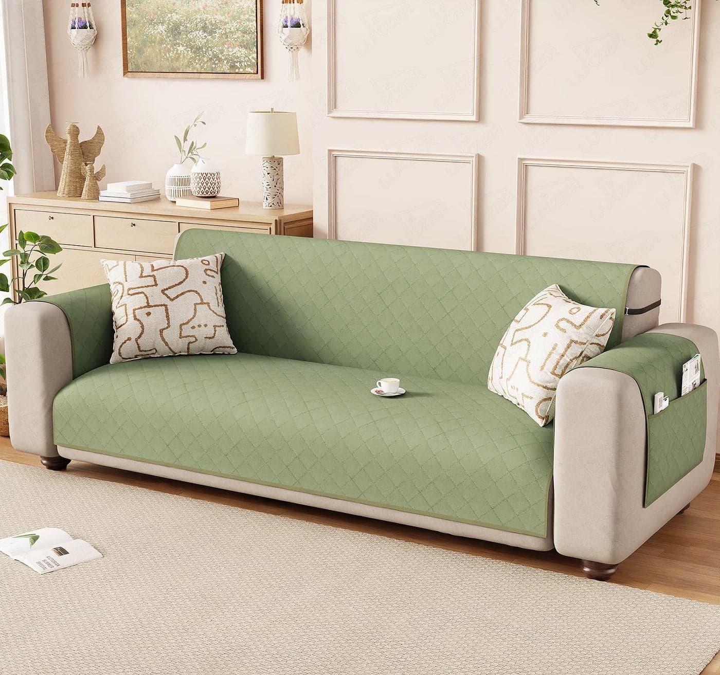 Lukzer Polyester Blend 4 Seater Quilted Mint Green Sofa Cover Mat (350 GSM)| Full Coverage with Arms & Back Belt | Machine Washable Sofa Runner with Storage Side Pocket (210-220CM/SC-199-04)