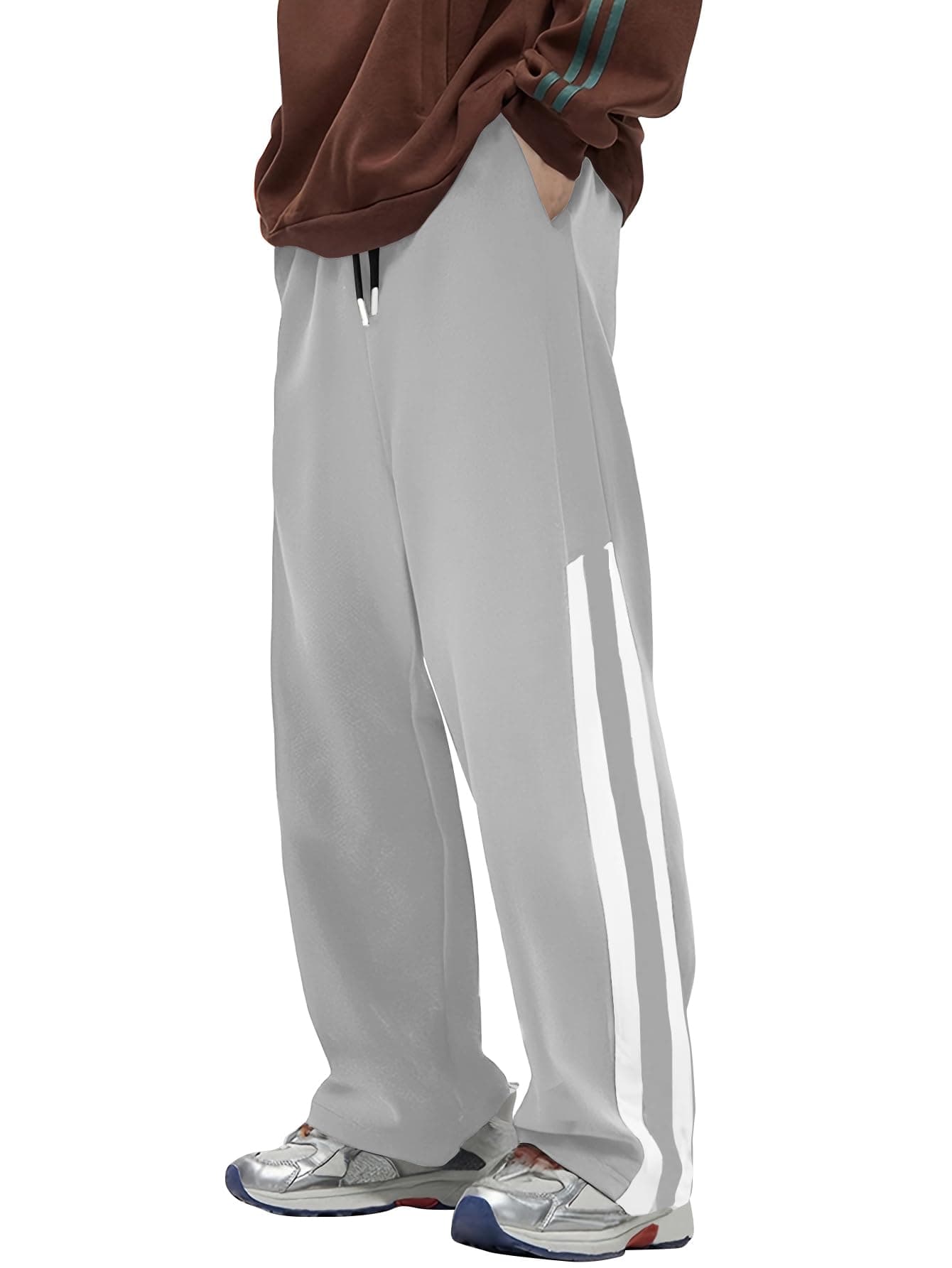 AVANOVA Men's Light Grey Striped Sports Track Pants – Loose Fit Casual Trousers with Drawstring Waist, Straight-Cut Outdoor Running & Fitness Track Pants, Lightweight (Track 257 Light Grey-XL)