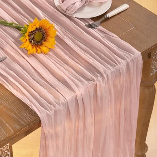 DeZerlor Pink Cheesecloth Table Runner Fall Table Runner Boho Gauze 120 Inches Light Pink Cheese Cloth Fall Table Decorations for Thanksgiving Wedding Bridal Girl Baby Shower Sweet 16 Party Decor