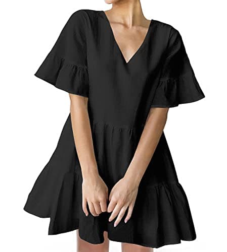 FANCYINN Womens Black Shift Dress with Pockets Bell Sleeve Ruffle Hem V Neck Spring Swing Tunic Mini Dress S