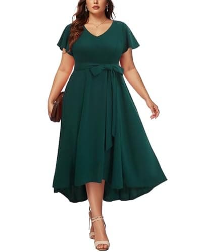 Plus Size Holiday Dress Women Emerald Dark Green High Low V Neck Long Flowy Elegant Dresses with Pockets
