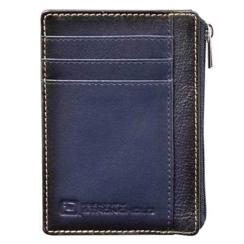 ID Stronghold RFID Front Pocket Wallet Mini Minimalist Wallet Slim Wallet Genuine Leather with Zipper (Blue)