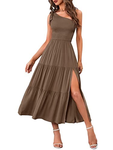 MEROKEETY Women's Summer One Shoulder Sleeveless Knot Smocked Midi Dress Split Tiered Flowy Dresses, Coffee, M