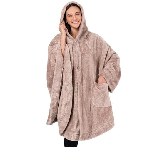 PAVILIA Angel Wrap Hooded Blanket Poncho, Wearable Blanket Throw Wrap Poncho for Women Adult, Cozy Fluffy Sherpa Fleece Shawl Cape with Hood pockets, Warm Gift for Mom Wife, Beige Taupe