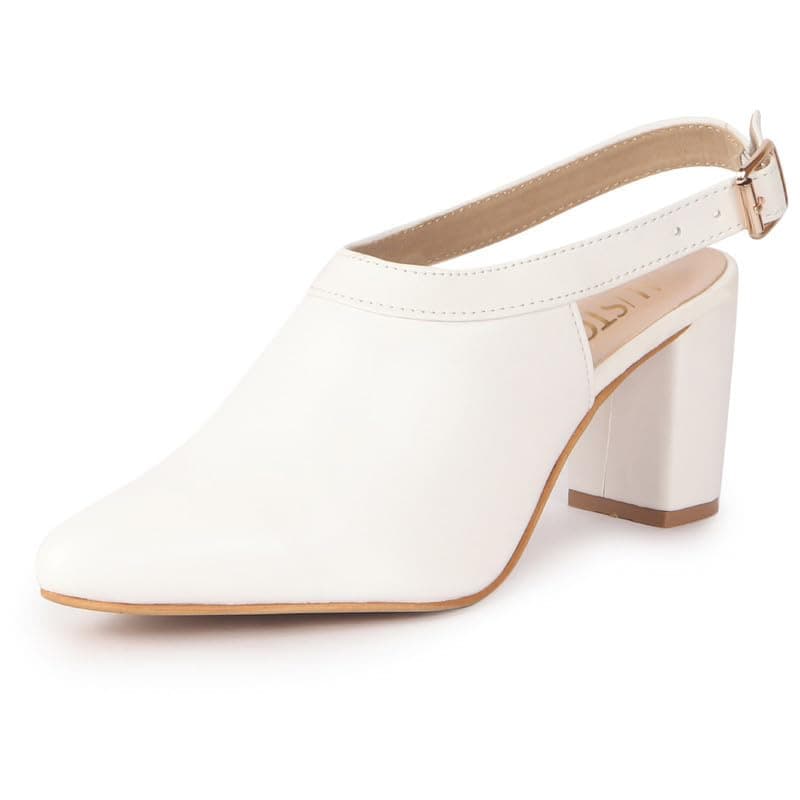 FAUSTO FST FSWC-20003 WHITE-38 Women White Pointed Toe Block Heel Adjustable Backstrap Shoe Style Sandals | Soft Padded Insole | Semi Formal Outfit Sandals (5 UK)