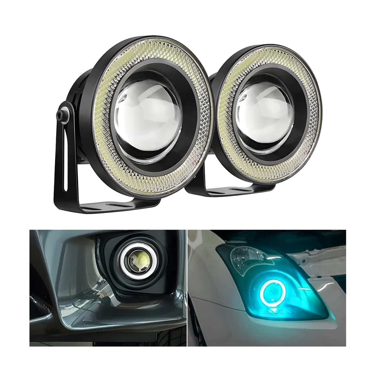 2PCS Car Angel Eye Fog Light Round COB LED Lamp High Power Bright with White Halo Angel Eye Rings Headlight Universal Daytime Running Light DRL Car Driving Bulbs Projector Light Blue