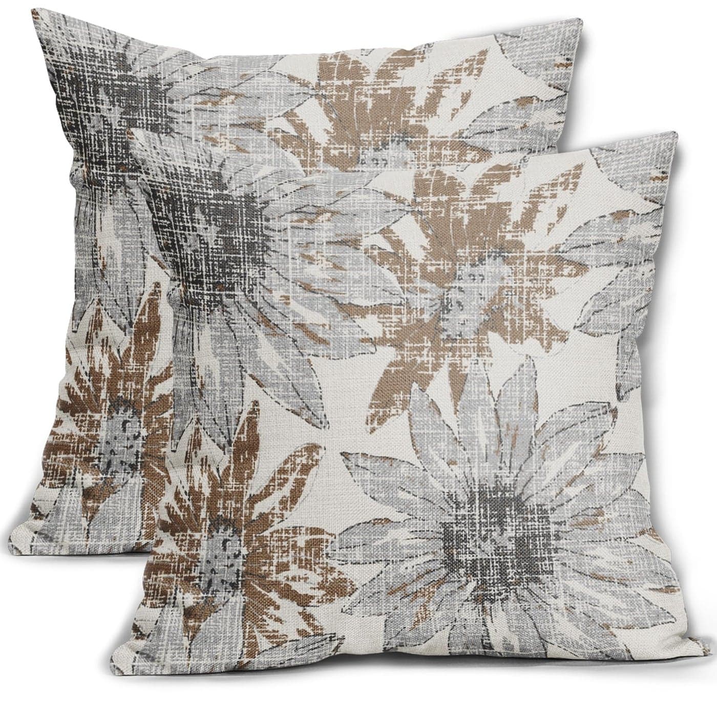 Sweetshow Brown Grey Gray Pillow Covers 18x18 Set of 2 Retro Sunflower Flowers Print Decorative Throw Pillows Outdoor Modern Art Floral Pillowcase Square Linen Cushion Case for Home Sofa Couch Bed