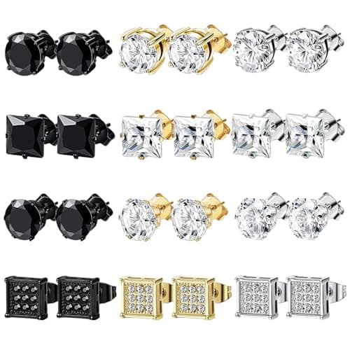NEWITIN 12 Pairs Stainless Steel Stud Earrings for Men Hypoallergenic Earring Unisex Studs Inlaid Cubic Zirconia Men Earrings Hoop CZ Stud Earring Set for Women