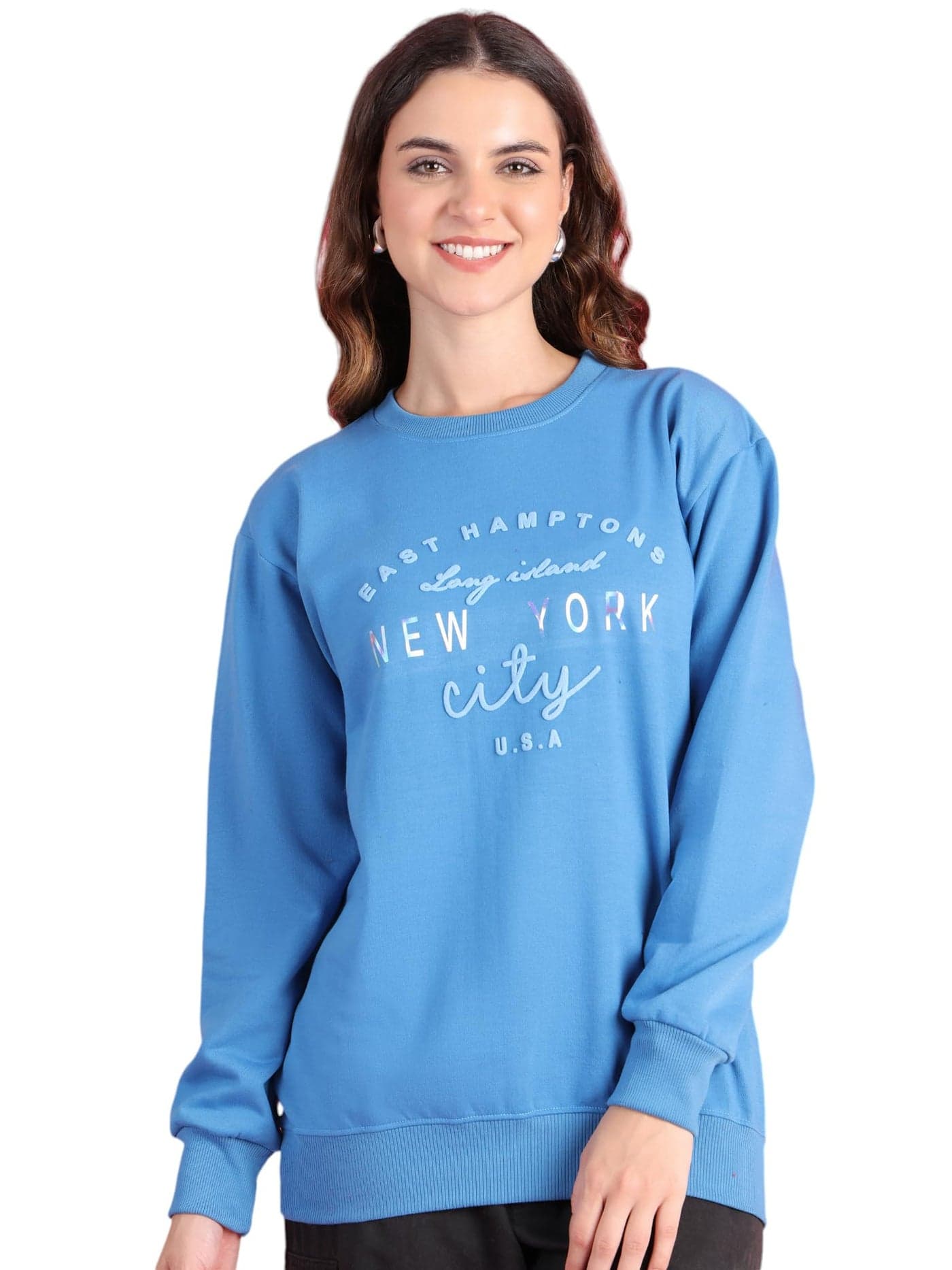 Mack Jonney Women Fleece Regular Fit Blue Printed Round Neck Sweatshirt -MACK639962, XL