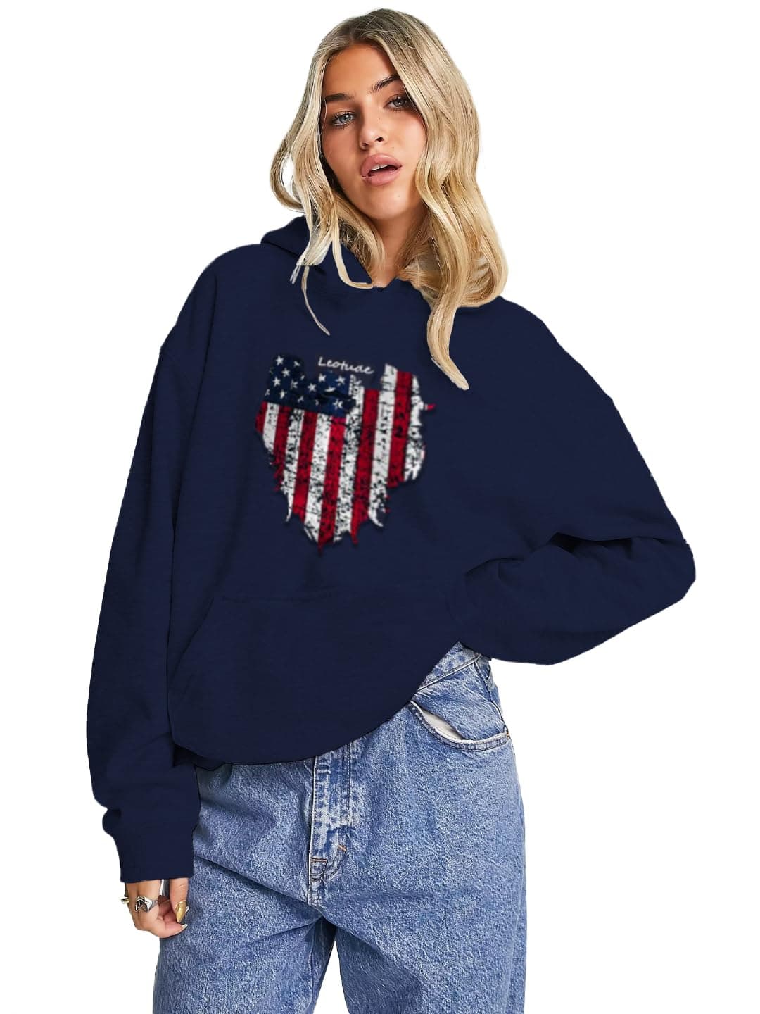 LEOTUDE Women's Loopknit Loose Fit Full Sleeve Hooded Neck Loose Sweatshirt (GRL|AMRCN_W88_P_Navy_XL)