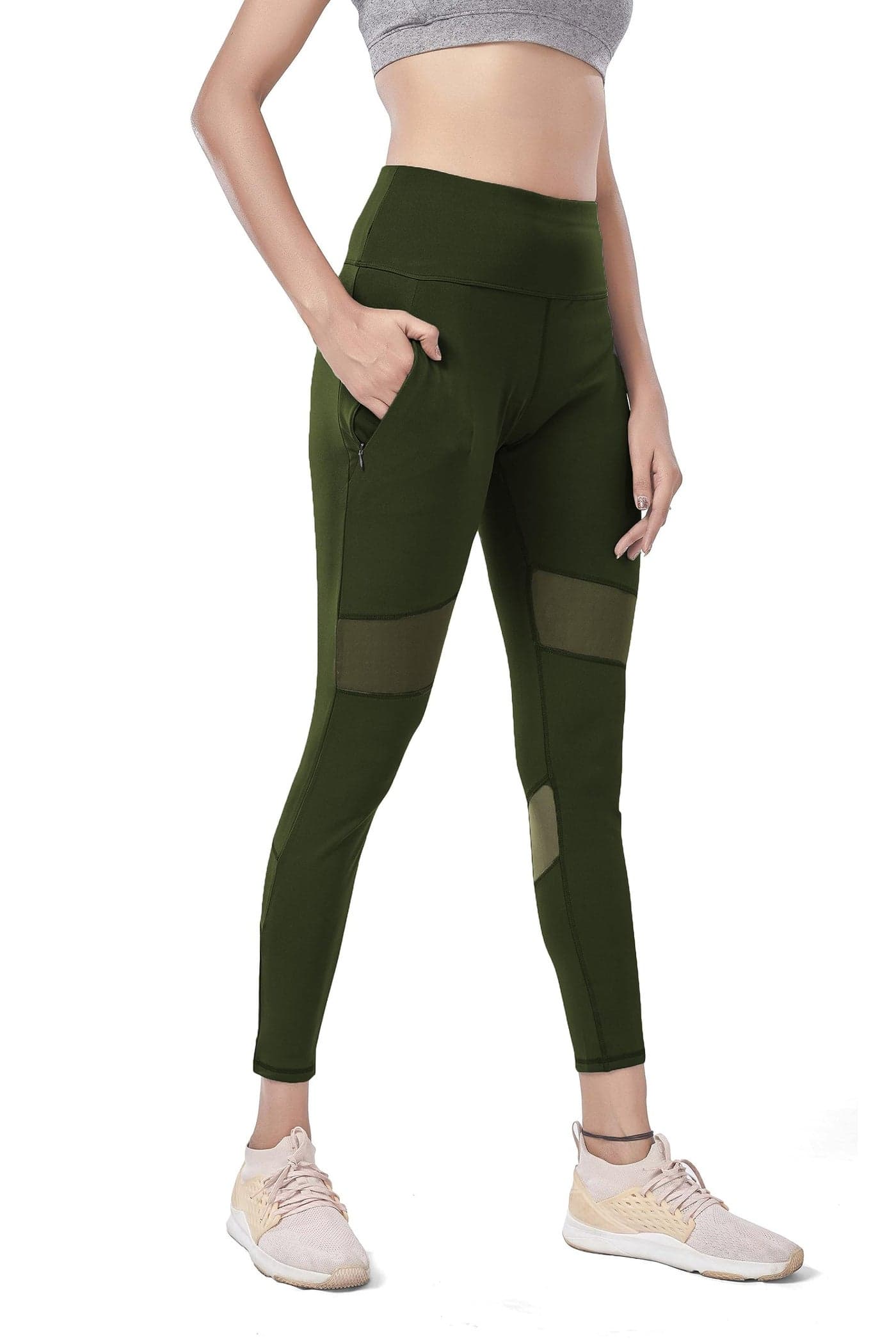 Mehrang Active Yoga Pants for Women Gym High Waist with Pocket, Tummy Control, Workout Pants 4 Way Stretch Yoga Leggings (L, Olive)