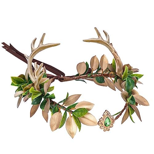 MOSTORY Woodland Fairy Antler Crown - Forest Elf Crown Flower Deer Horns Circlet for Women Renaissance Cosplay Renfaire Costume Photo Shoot
