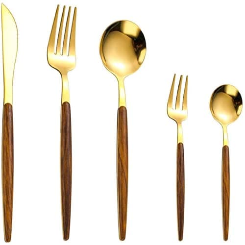 pepplo® Wooden Gold Flatware, Royal 5 Piece Matte Wooden Handle 18/10 Stainless Steel Tableware Sets for 1 Including Forks Spoons Knives, Camping Silverware Travel Utensils Set Cutlery (Wooden Gold)