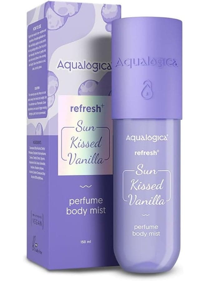Aqualogica Refresh+ Sun Kissed Vanilla Perfume Body Mist | Vanilla, Hyaluronic Acid & Zemea | Long Lasting Sweet Vanilla Fragrance, Lightweight, Non-Sticky & Hydrating, Unisex Hair & Body Mist, 150ml