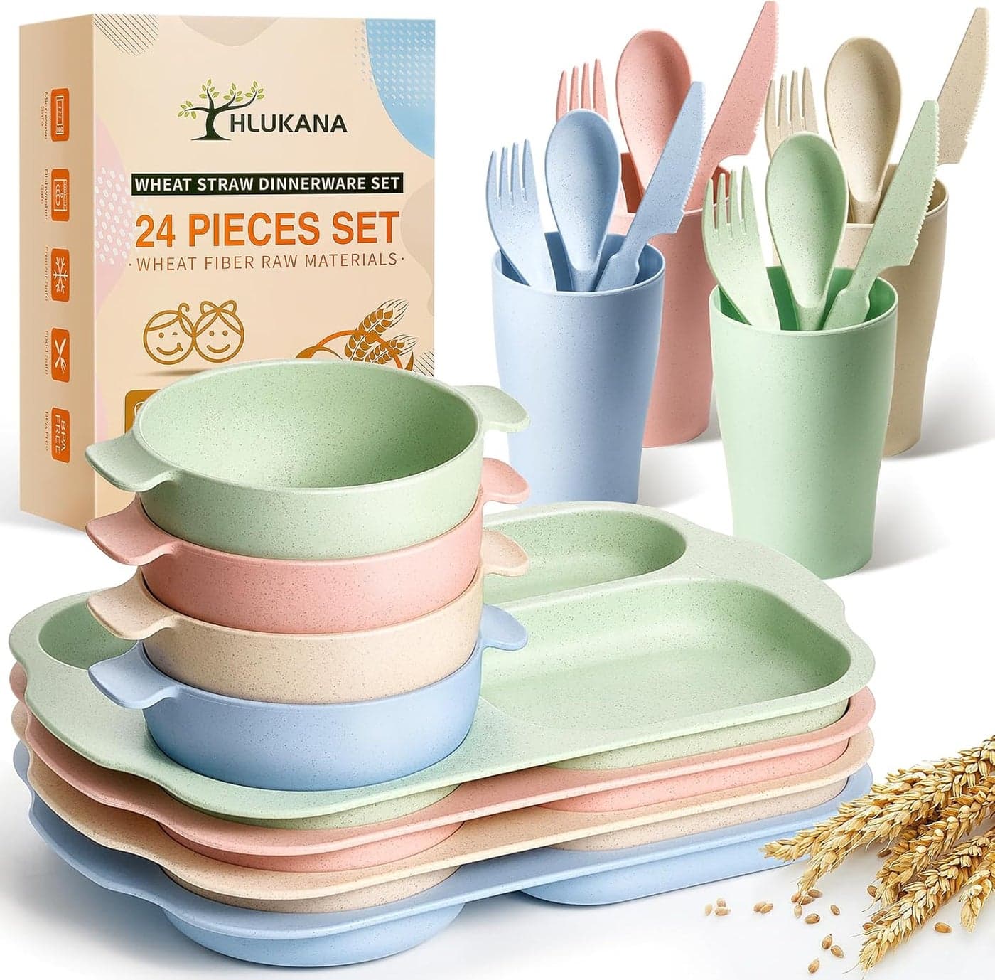 24 Pcs Wheat Straw Dinnerware Cutlery Set Unbreakable Tableware Set Including Kids Toddlers Divided Plates Bowls Cup Cutlery Spoons Knifes Forks BPA Free Microwave Dishwasher Safe