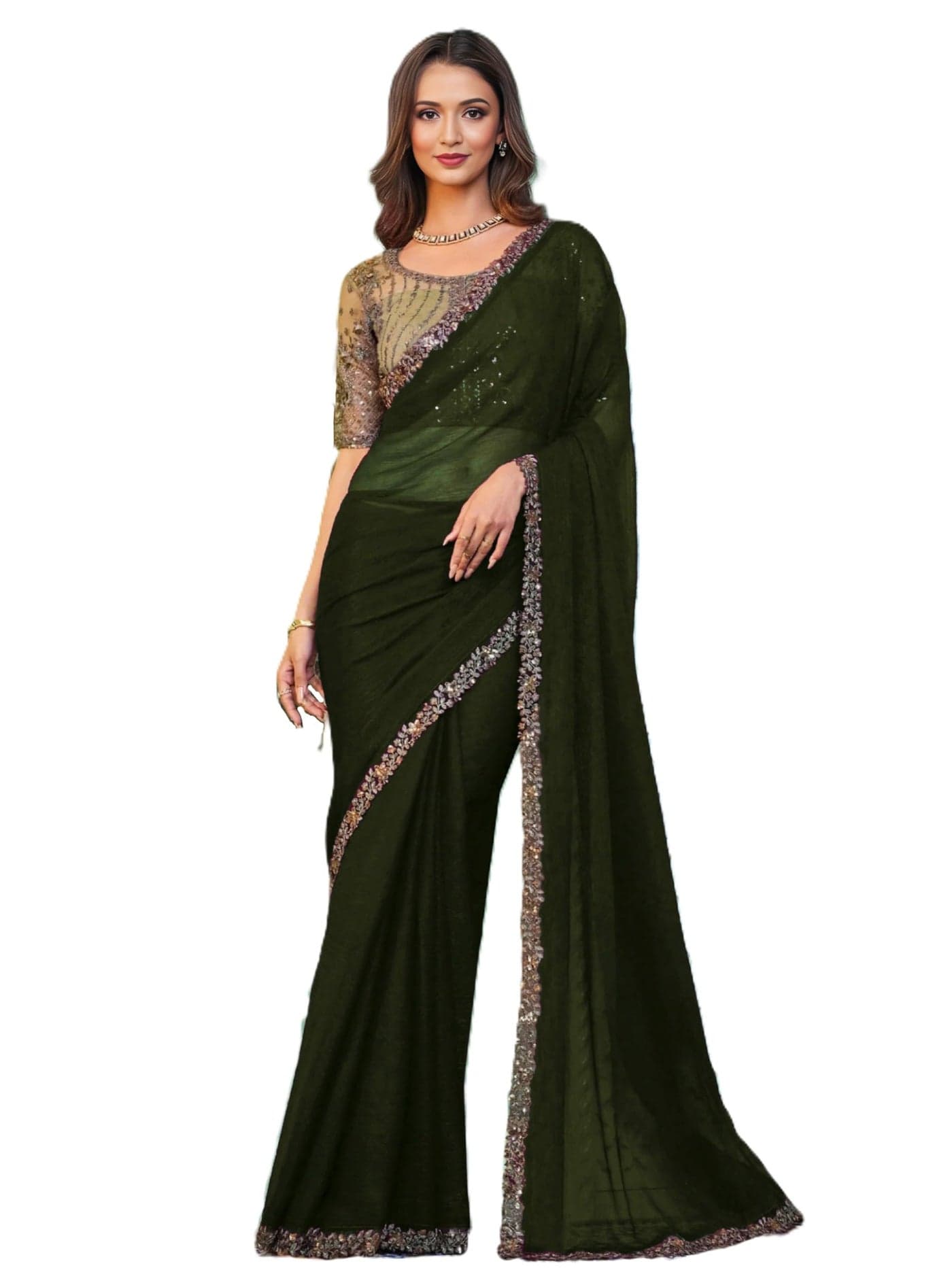 SHYAMLATA Women's Heavy Sequins And Embroidery Work Shimmer Silk Party Saree with Unstitched Blouse (Green)