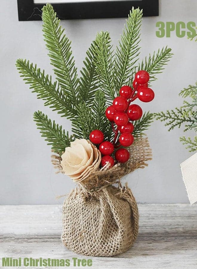 Mini Christmas Tree 3 Pcs Tabletop Artificial Mini Xmas Pine Tree Miniature Pine Christmas Tree with Linen Base for Home Office Room Holiday Decor (B-3PCS)