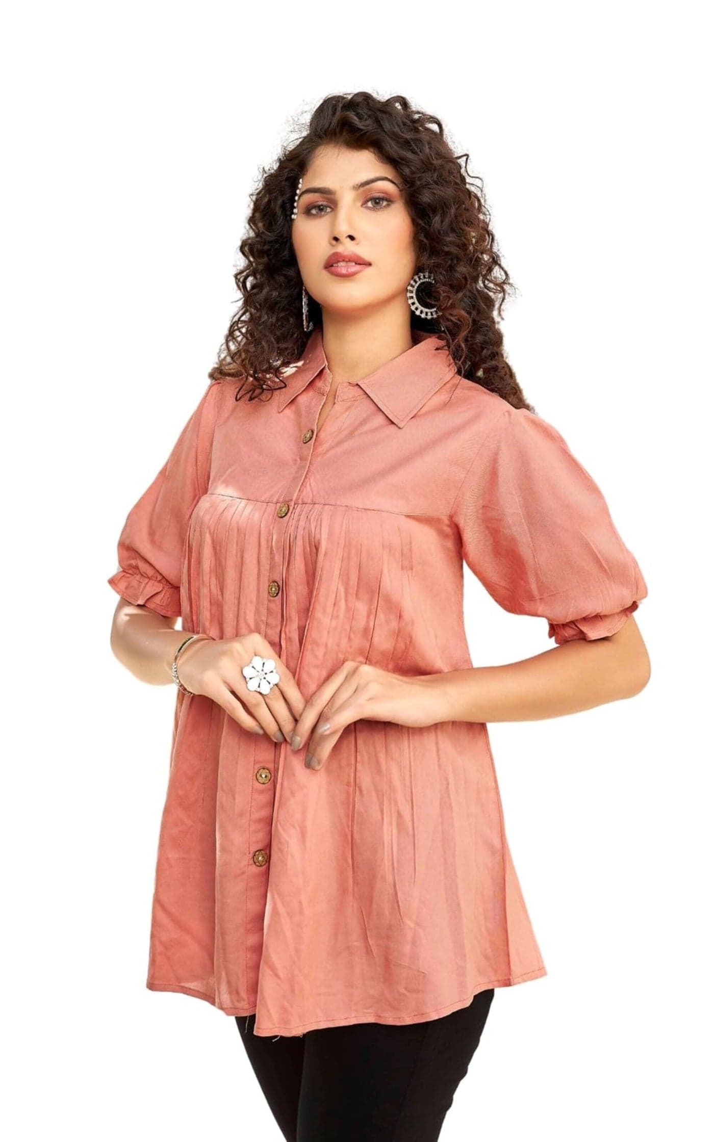 KESUDI Women's Heavy Rayon Half Sleeve Latest Tunic Shirt | New Balloon Sleeve Tunic for Women's 2025 | Casual Wear Tunic Designs (in, Alpha, S, Regular, Peach)