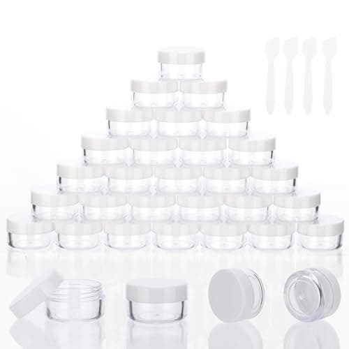 5 Gram Sample Containers with White Lids 50 Count 5ML Sample Jars Empty Cosmetic Containers with Lids Small Makeup Travel Containers for Glitter Lotion Cream Beads with Labels Mini Spatulas