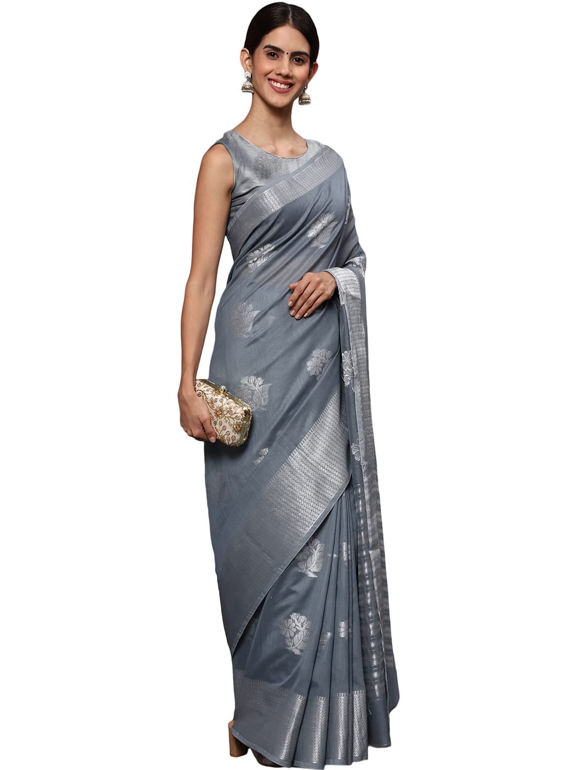 leeza store Women's Linen Tissue Silk Silver Zari Floral Motifs Jacquard Banarasi Saree With Blouse Piece - Grey