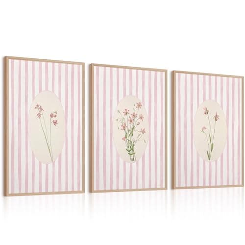 Youillne Pink Flower Wall Art Striped Floral Prints Botanical Canvas Wall Decor Aesthetic Pictures Pastel Pink Floral Poster Minimalist Flower Painting for Girl Room 12x16 Inch Unframed Set of 3