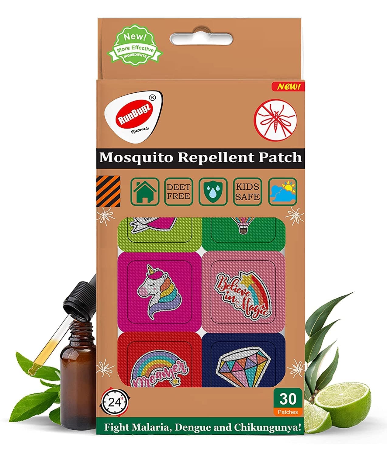RunBugz 100% All Natural Mosquito Repellent Unicorn Patches for Babies with 24 hrs Protection | With Citronella, Lemongrass & Eucalyptus Oil Protects from Dengue, Malaria, Chikunguniya (30 Patches)
