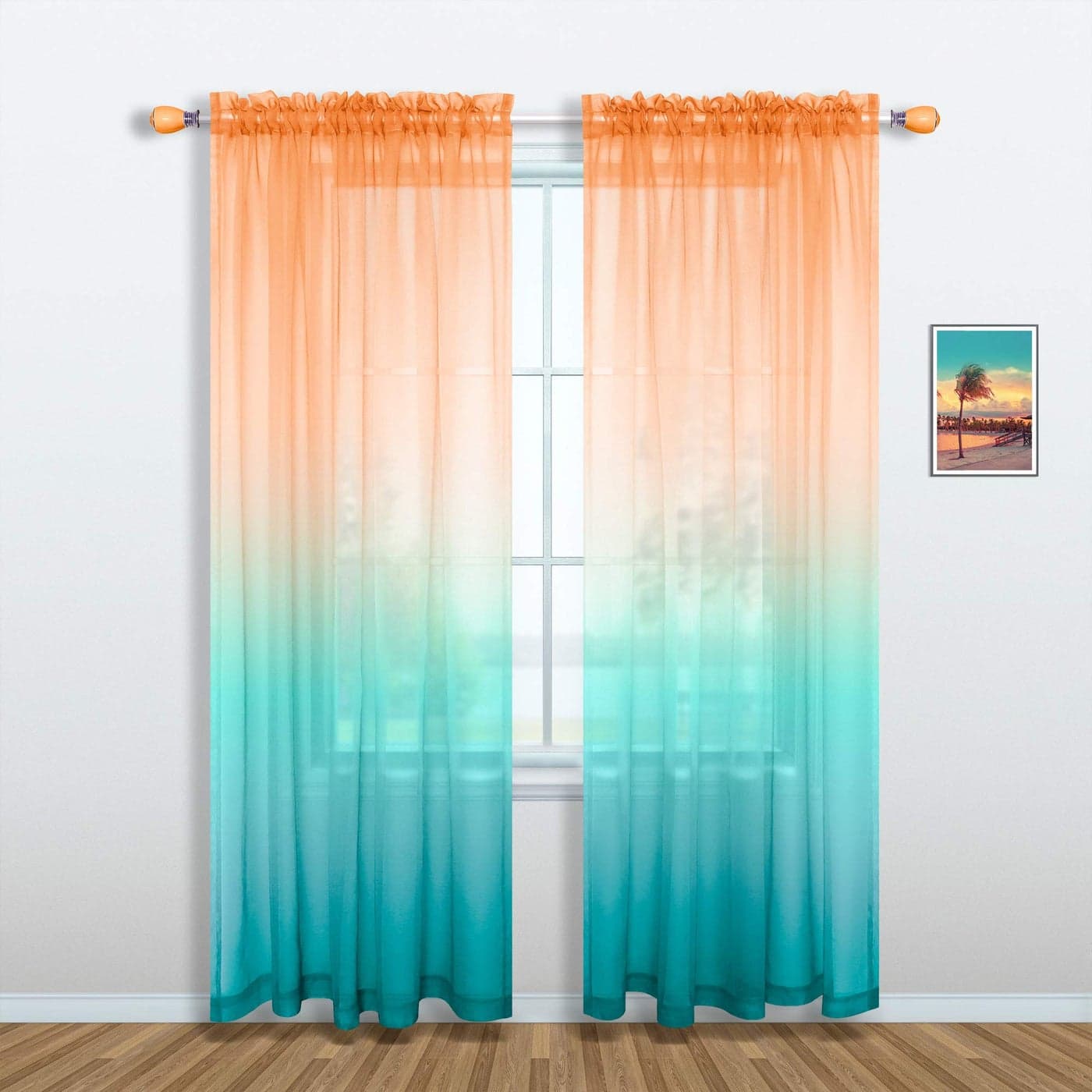 Orange and Teal Curtains 84 Inch Length for Living Room Decor Set 1 Single Window Sheer Panel Semi Voile Drapes Ombre Beach Curtains for Bedroom Dining Home Decoration Burnt Orange Turquoise Green