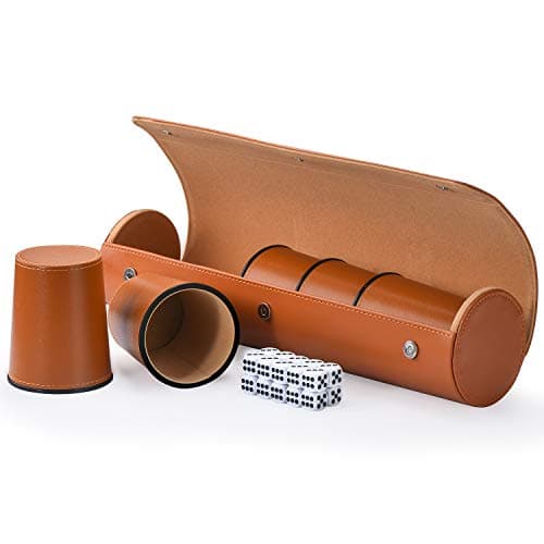 Leather Dice Cup Set 5 Black Dice Cups 25 Dices Exclusive Storage and Transport Case Made of Faux Leather Orange