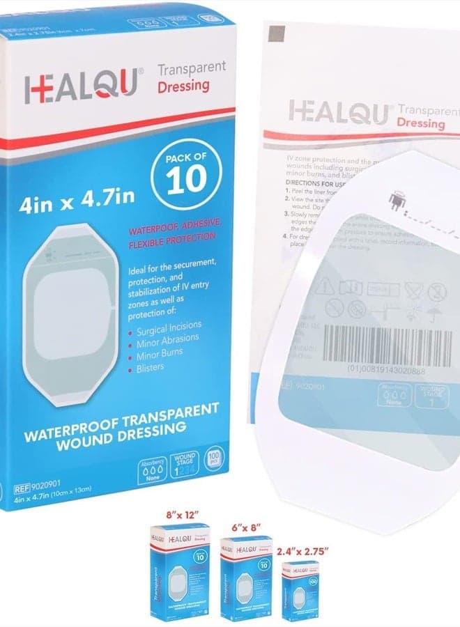 Transparent Film Dressing, 4" x 4 3/4" Box of 10 - Waterproof Wound Bandage Adhesive Patches, Post Surgical Shower or IV Shield, Tattoo Aftercare Bandage by Healqu