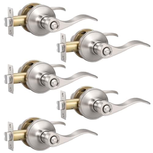 Knobonly 5 Pack Brushed Satin Nickel Door Lever Privacy Door Handles, Zinc Alloy Door Handle Interior, Keyless Lock for Bedroom or Bathroom