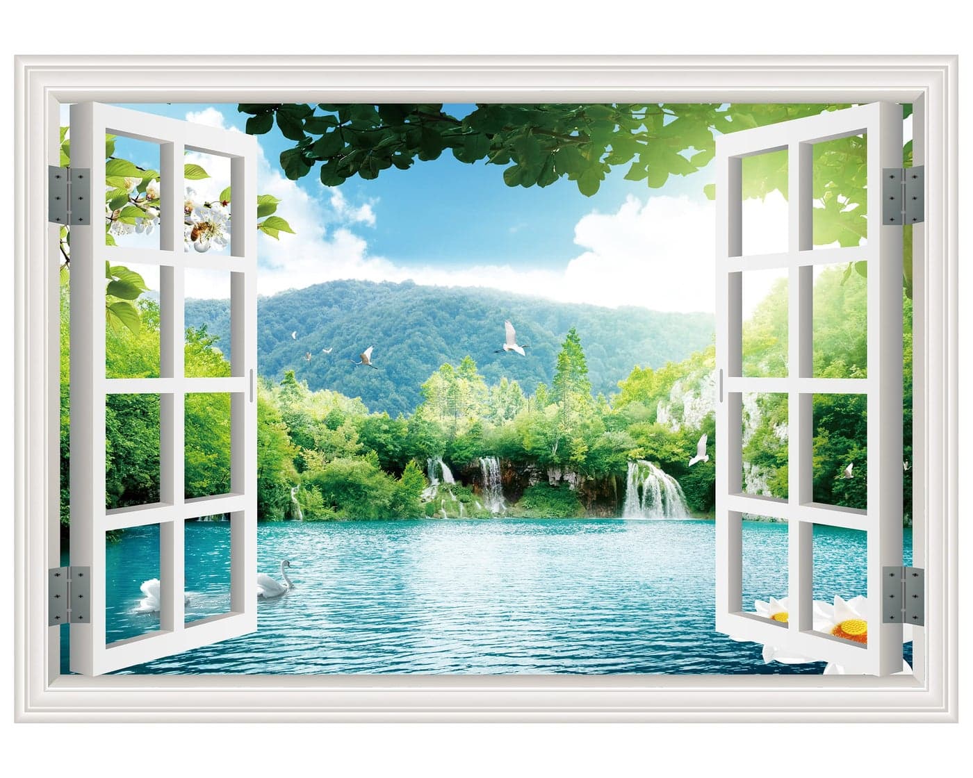 FLFK Fake Window Wall Sticker - Landscape Faux Window Wall Mural for Wall Decor, Stick and Peel Wall Decals,80"x60",Set of 5 Sheets
