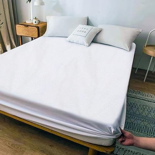 OYO BABY Water Proof Lycra Stretchable Fitted Bed Cover 78x60 Inch / 6.5x5 feet for Double Bed with Elastic Strap | Water Resistant Ultra Soft Mattress Cover | Hypoallergenic Bed Cover (White)