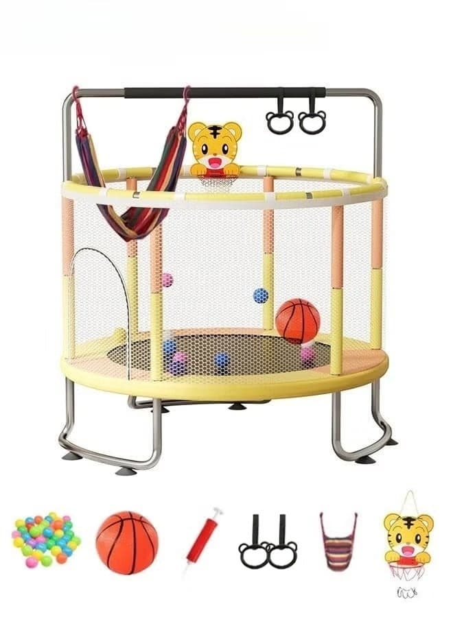 Kids Trampoline Set with Rings, Swing, Basketball Hoop and Mini Basketball, Fun Sturdy Trampoline with Adjustable Gymnastics Bar, Enclosure and Suction Pads, Suitable for 3-4 Players, Load-bearing Capacity of 300KG, 140*160cm