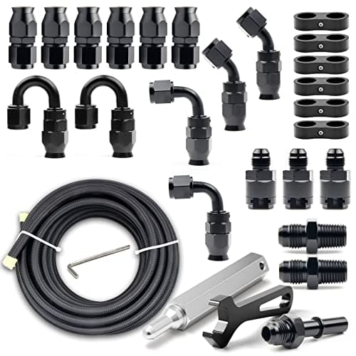 Medoon 6AN PTFE Fuel Line Kit, Nylon Stainless Steel Braided Fuel Hose, LS Swap EFI E85 Injection Fuel PTFE Fitting 3/8" 26FT