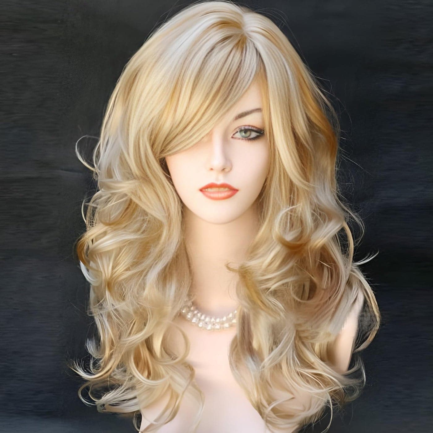 Kalyss Blonde Wig With Bangs Long Blonde Curly Wigs for Women Heat Resistant Synthetic Hair Wavy Blonde Highlights Wigs for Women 22 Inches