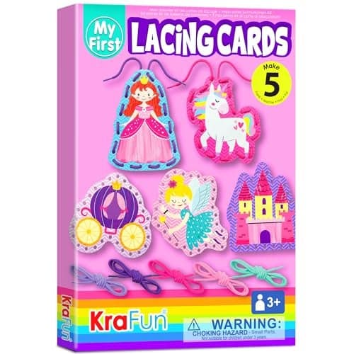 KRAFUN Beginner Unicorn My First Lacing Card Kit for Kids Arts & Crafts, 5 Easy Princess Lacing Projects, Paper Art Craft Cards for Toddlers, Fine Motor Preschool Skills Toys
